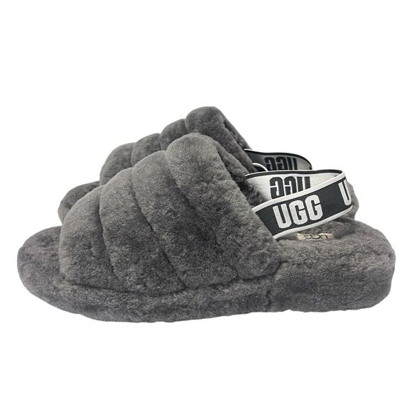 UGG Fluff Yeah Slide Fur Slippers Charcoal Grey Slingback Plush Women’s Size 11 - Picture 3 of 10